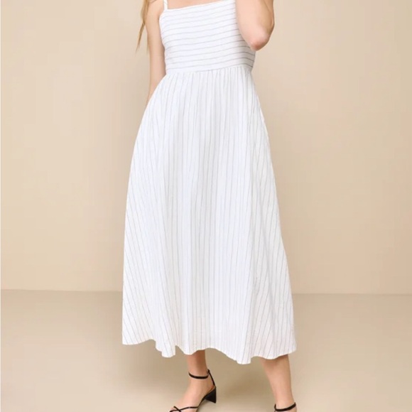 Lulus White Striped Tie-Back Midi Dress with Pockets maternity friendly size L - Picture 2 of 10
